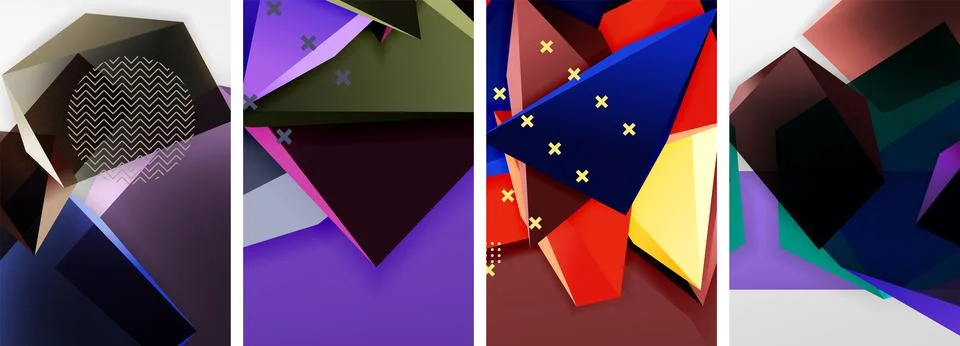 Trendy low poly 3d triangle shapes and other geometric elements background Stock Illustration
