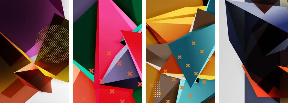 Trendy low poly 3d triangle shapes and other geometric elements background Stock Illustration