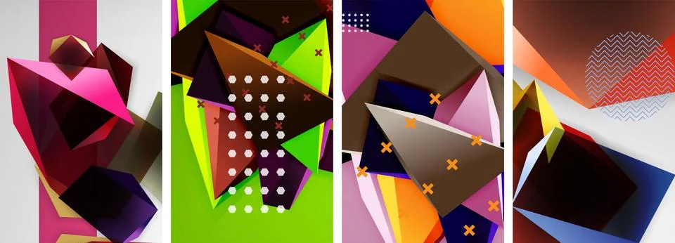 Trendy low poly 3d triangle shapes and other geometric elements background Illustrazione stock
