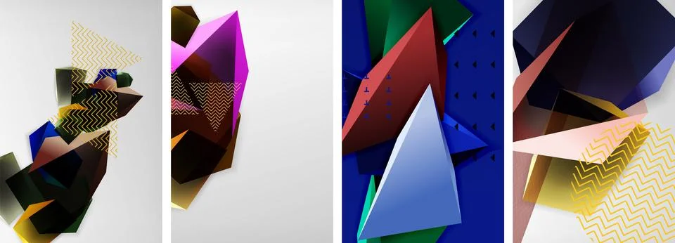 Trendy low poly 3d triangle shapes and other geometric elements background Stock Illustration