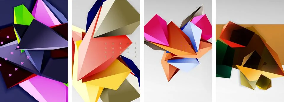 Trendy low poly 3d triangle shapes and other geometric elements background Illustrazione stock