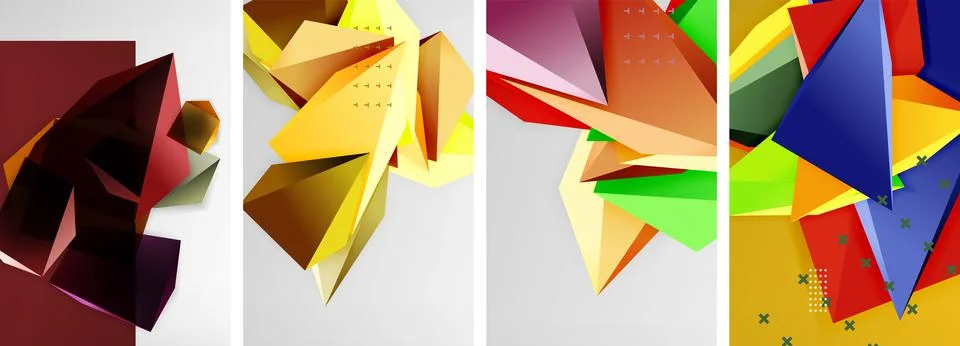Trendy low poly 3d triangle shapes and other geometric elements background Stock Illustration