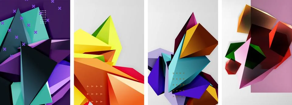 Trendy low poly 3d triangle shapes and other geometric elements background Stock Illustration