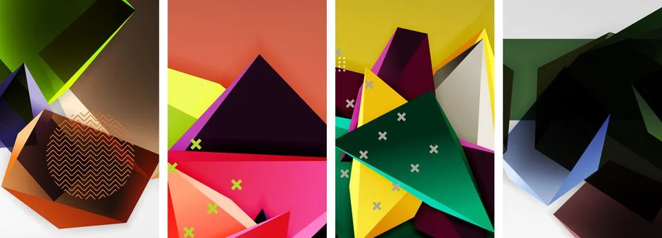 Trendy low poly 3d triangle shapes and other geometric elements background Illustrazione stock