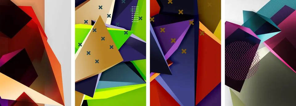 Trendy low poly 3d triangle shapes and other geometric elements background Stock Illustration