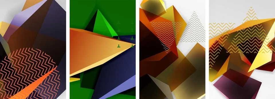 Trendy low poly 3d triangle shapes and other geometric elements background Illustrazione stock