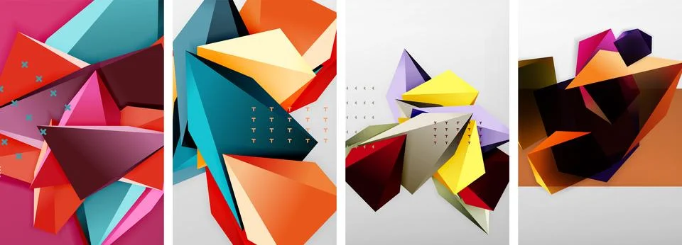 Trendy low poly 3d triangle shapes and other geometric elements background Illustrazione stock