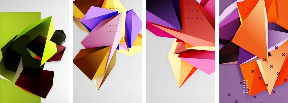 Trendy low poly 3d triangle shapes and other geometric elements background Stock Illustration