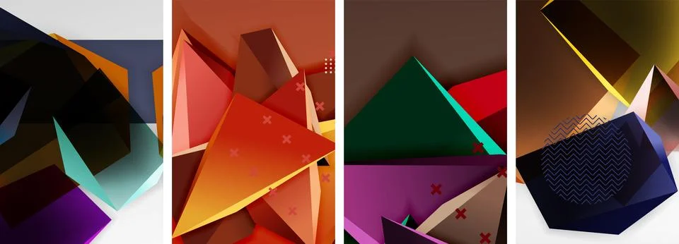 Trendy low poly 3d triangle shapes and other geometric elements background Stock Illustration