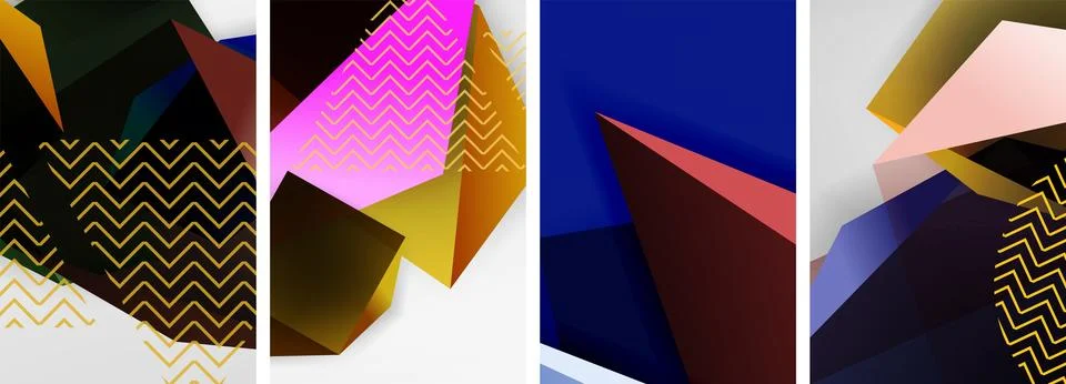 Trendy low poly 3d triangle shapes and other geometric elements background Stockillustratie