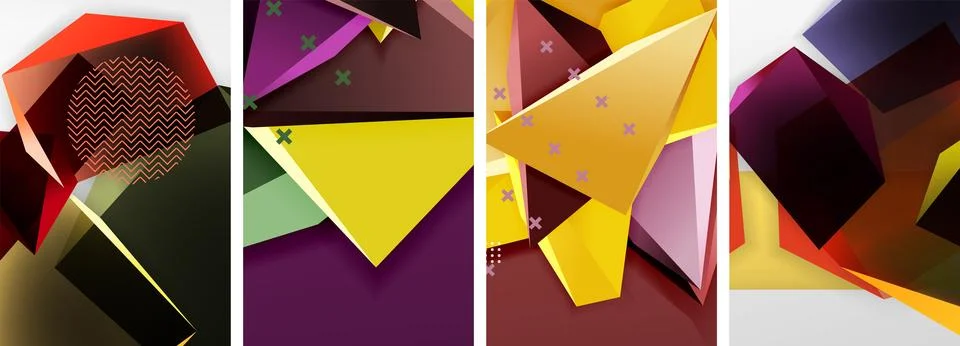 Trendy low poly 3d triangle shapes and other geometric elements background Illustrazione stock