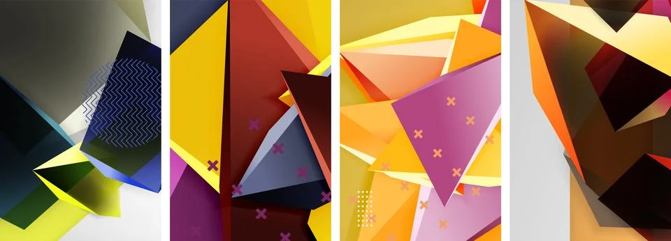 Trendy low poly 3d triangle shapes and other geometric elements background Illustrazione stock