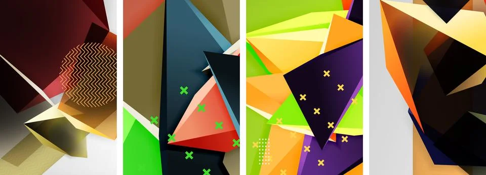 Trendy low poly 3d triangle shapes and other geometric elements background Illustrazione stock