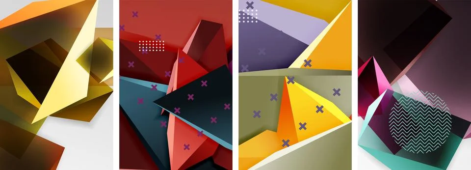 Trendy low poly 3d triangle shapes and other geometric elements background Stock Illustration
