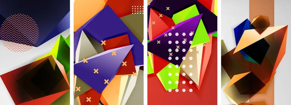 Trendy low poly 3d triangle shapes and other geometric elements background Stock Illustration
