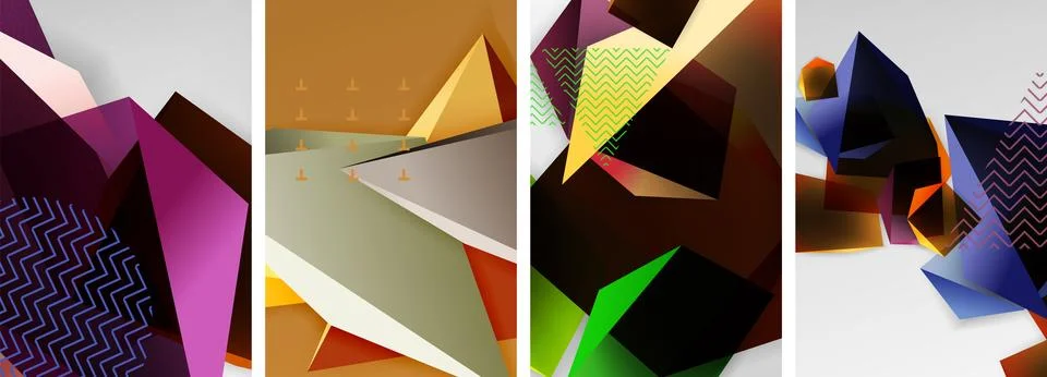Trendy low poly 3d triangle shapes and other geometric elements background Illustrazione stock