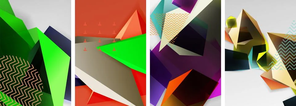 Trendy low poly 3d triangle shapes and other geometric elements background Illustrazione stock