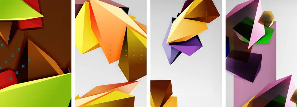 Trendy low poly 3d triangle shapes and other geometric elements background Stock Illustration