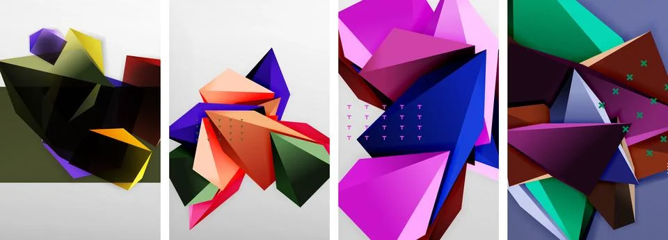 Trendy low poly 3d triangle shapes and other geometric elements background Illustrazione stock