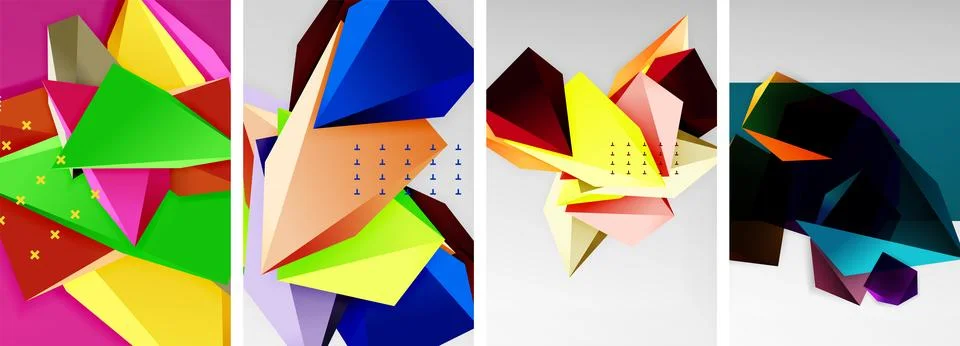 Trendy low poly 3d triangle shapes and other geometric elements background Stock Illustration