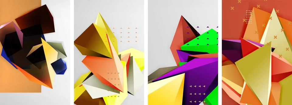 Trendy low poly 3d triangle shapes and other geometric elements background Stock Illustration