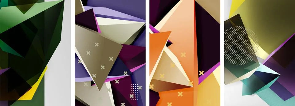 Trendy low poly 3d triangle shapes and other geometric elements background Stockillustratie