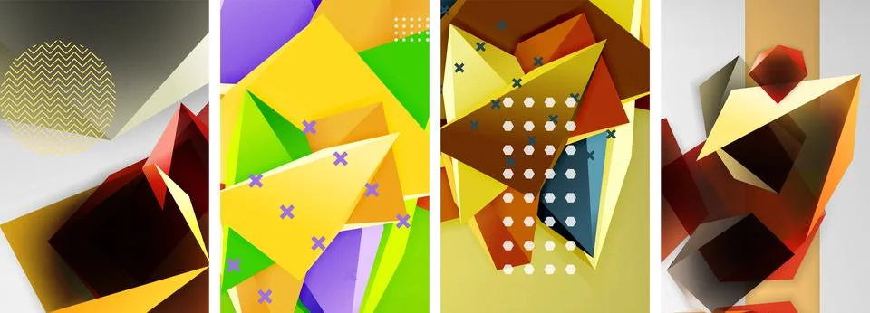 Trendy low poly 3d triangle shapes and other geometric elements background Stock Illustration