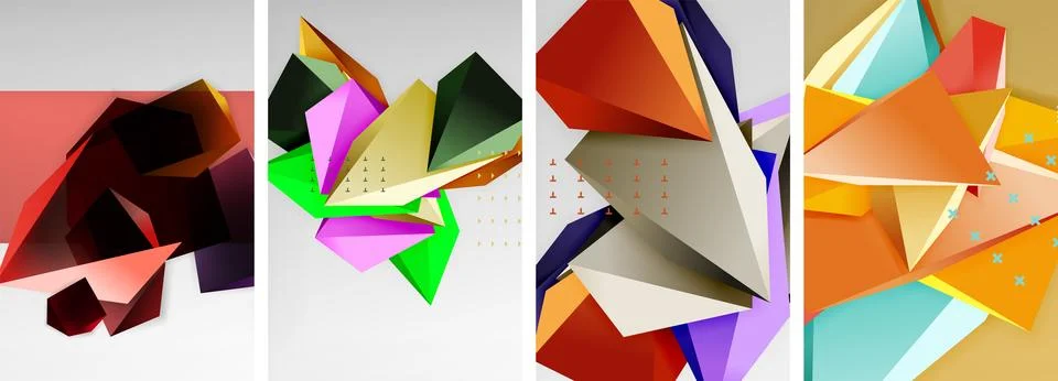 Trendy low poly 3d triangle shapes and other geometric elements background Stock Illustration