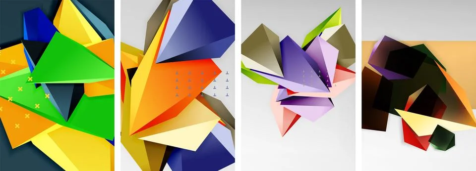 Trendy low poly 3d triangle shapes and other geometric elements background Illustrazione stock