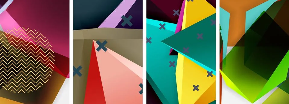 Trendy low poly 3d triangle shapes and other geometric elements background Illustrazione stock