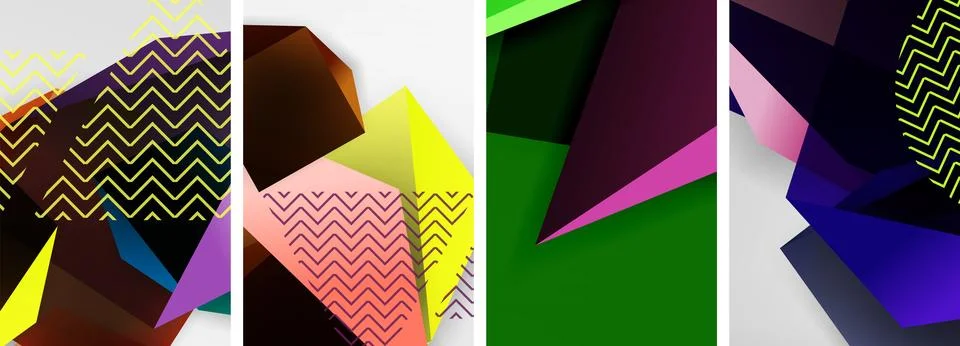 Trendy low poly 3d triangle shapes and other geometric elements background Illustrazione stock