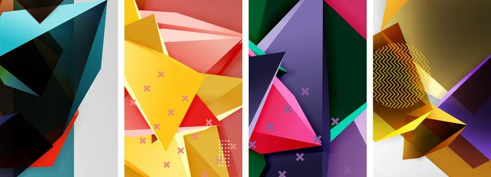 Trendy low poly 3d triangle shapes and other geometric elements background Illustrazione stock
