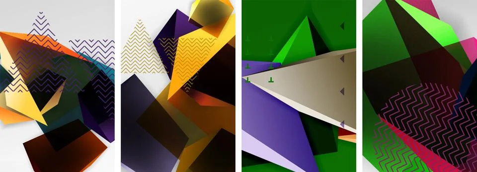 Trendy low poly 3d triangle shapes and other geometric elements background Stock Illustration