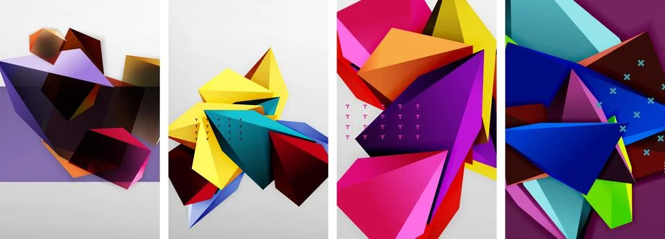 Trendy low poly 3d triangle shapes and other geometric elements background Stock Illustration