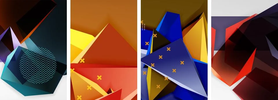 Trendy low poly 3d triangle shapes and other geometric elements background Stock Illustration