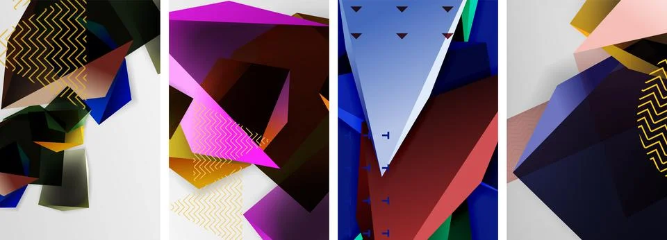 Trendy low poly 3d triangle shapes and other geometric elements background Stock Illustration