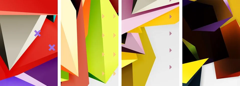 Trendy low poly 3d triangle shapes and other geometric elements background Illustrazione stock