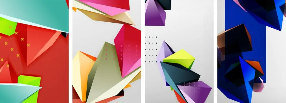 Trendy low poly 3d triangle shapes and other geometric elements background Stock Illustration