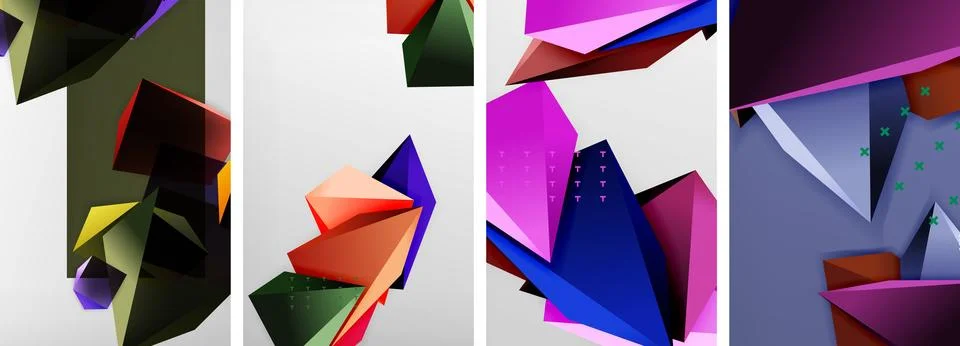 Trendy low poly 3d triangle shapes and other geometric elements background Stock Illustration