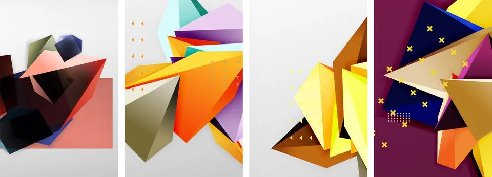 Trendy low poly 3d triangle shapes and other geometric elements background Illustrazione stock