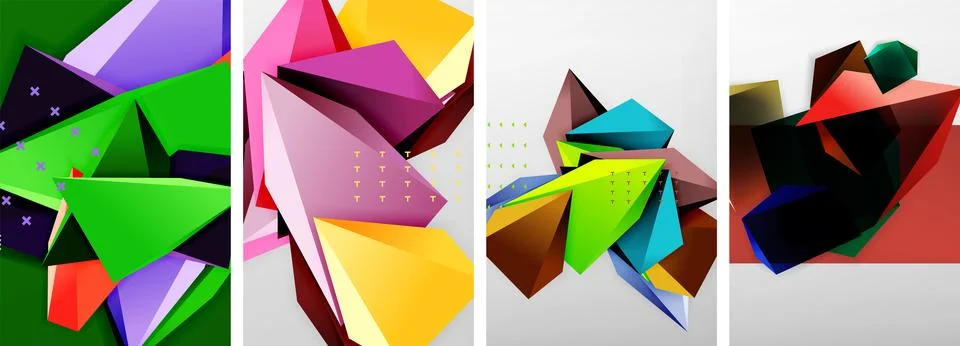 Trendy low poly 3d triangle shapes and other geometric elements background Stock Illustration