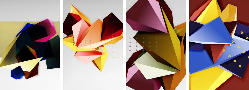 Trendy low poly 3d triangle shapes and other geometric elements background Stock Illustration