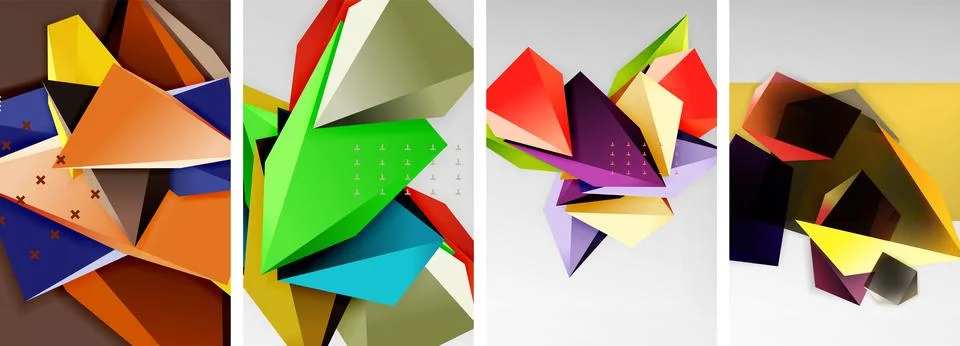 Trendy low poly 3d triangle shapes and other geometric elements background Stock Illustration