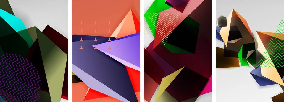Trendy low poly 3d triangle shapes and other geometric elements background Illustrazione stock