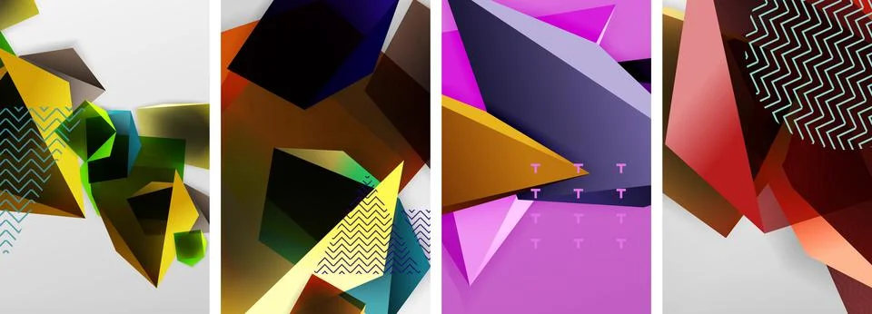 Trendy low poly 3d triangle shapes and other geometric elements background Stock Illustration