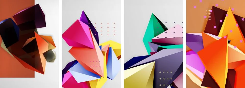 Trendy low poly 3d triangle shapes and other geometric elements background Stock Illustration