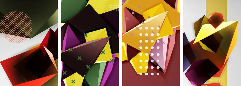 Trendy low poly 3d triangle shapes and other geometric elements background Illustrazione stock