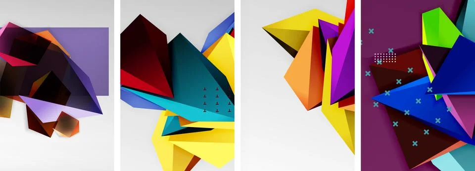 Trendy low poly 3d triangle shapes and other geometric elements background Stockillustratie