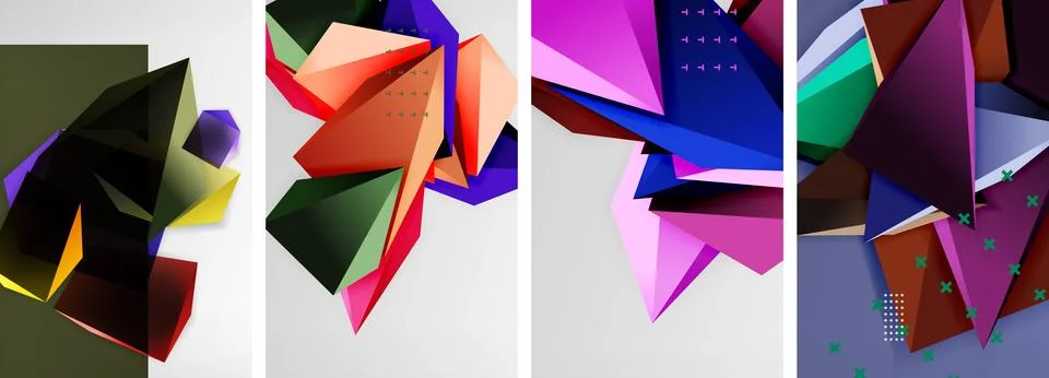 Trendy low poly 3d triangle shapes and other geometric elements background Stockillustratie