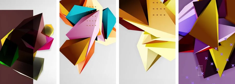 Trendy low poly 3d triangle shapes and other geometric elements background Illustrazione stock